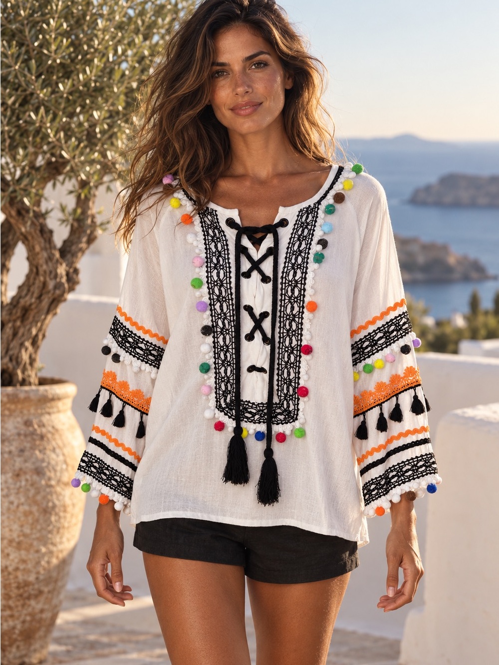 DODO BAR OR Bohemian Relaxed Fit Resortwear White Embellished Blouse, S